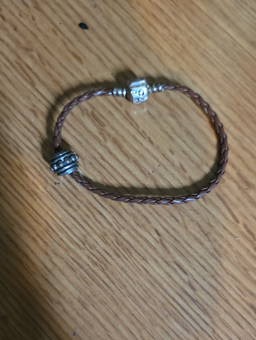 Pandora Brown Braided Leather Bracelet with Silver Accent Beads